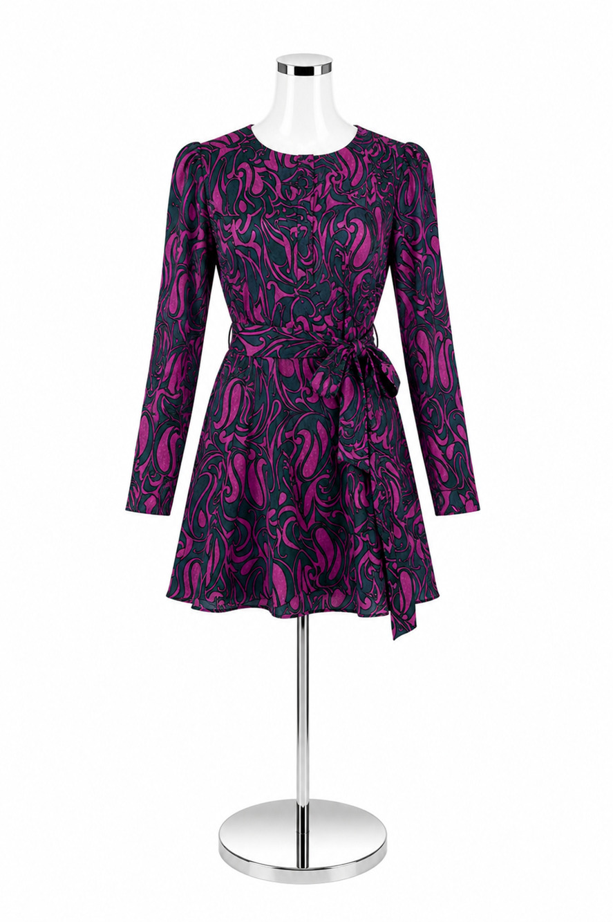 Trina Turk Jacquard Swirl Print 100% Silk Mini Dress Fuchsia Green Size 0
